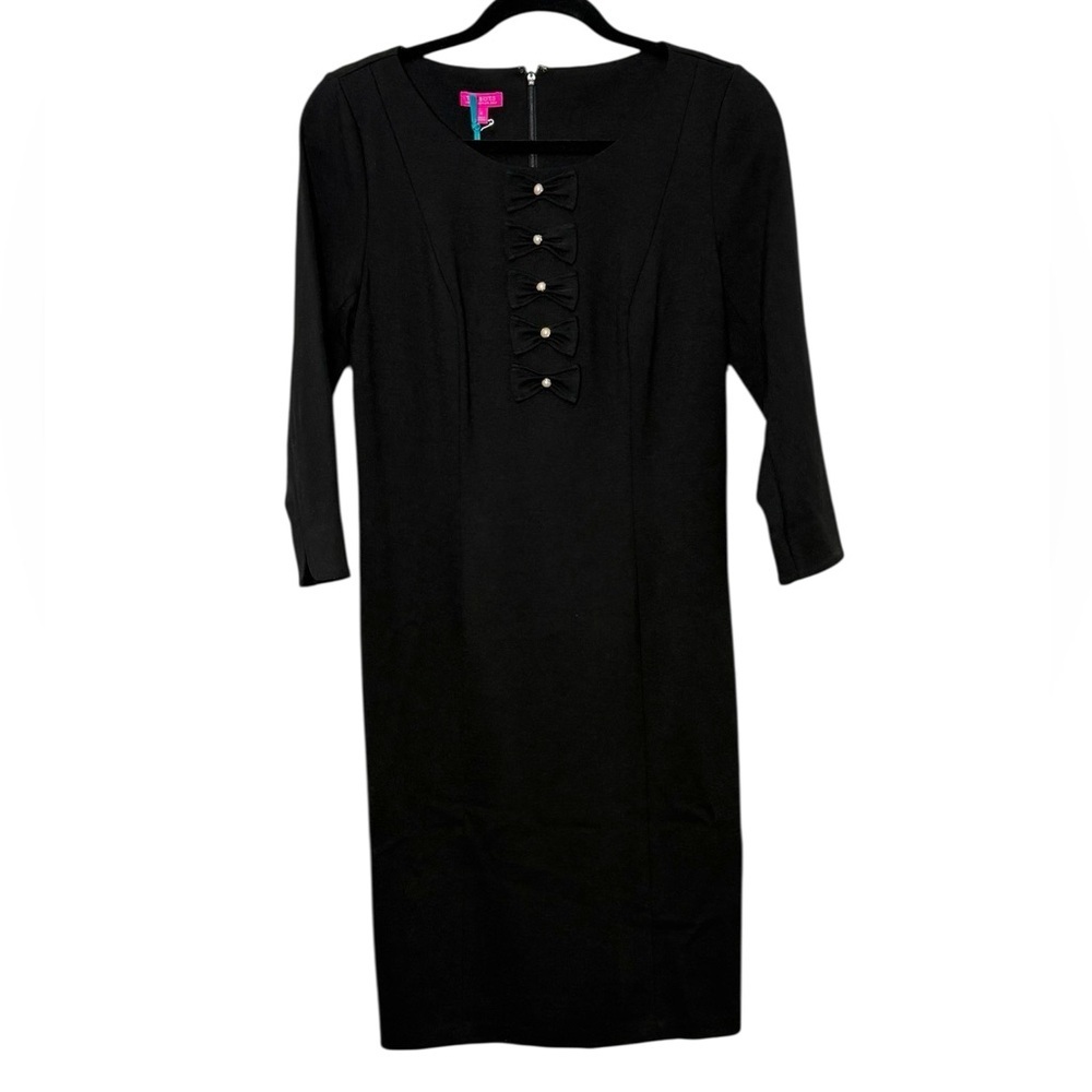 Talbots Dress Size‎ 4 Black Bow Pearl Sheath 3/4 Sleeve Classic